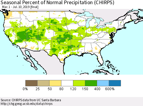 United States Seasonal Percent of Normal Precipitation (CHIRPS) Thematic Map For 3/1/2019 - 7/10/2019