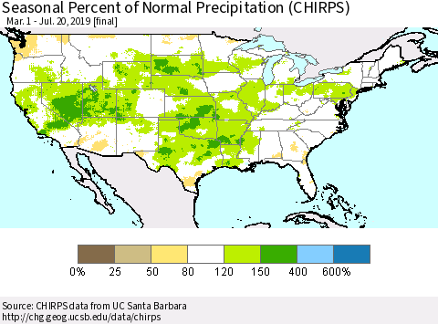 United States Seasonal Percent of Normal Precipitation (CHIRPS) Thematic Map For 3/1/2019 - 7/20/2019
