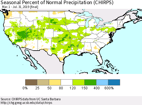 United States Seasonal Percent of Normal Precipitation (CHIRPS) Thematic Map For 3/1/2019 - 7/31/2019