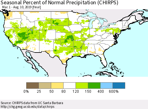 United States Seasonal Percent of Normal Precipitation (CHIRPS) Thematic Map For 3/1/2019 - 8/10/2019