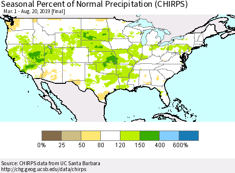 United States Seasonal Percent of Normal Precipitation (CHIRPS) Thematic Map For 3/1/2019 - 8/20/2019