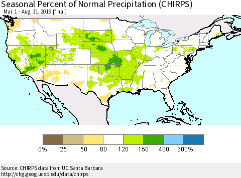 United States Seasonal Percent of Normal Precipitation (CHIRPS) Thematic Map For 3/1/2019 - 8/31/2019