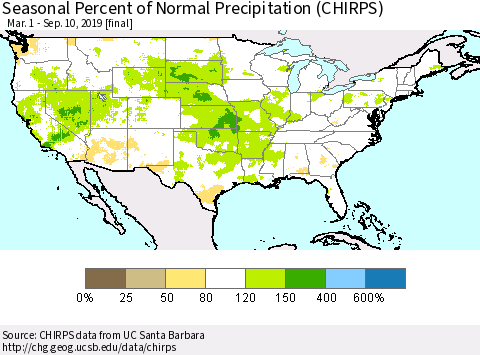 United States Seasonal Percent of Normal Precipitation (CHIRPS) Thematic Map For 3/1/2019 - 9/10/2019