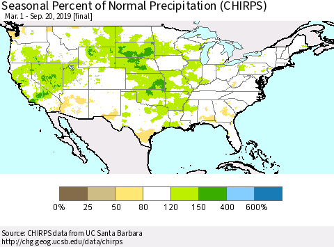 United States Seasonal Percent of Normal Precipitation (CHIRPS) Thematic Map For 3/1/2019 - 9/20/2019