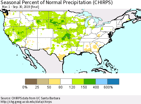 United States Seasonal Percent of Normal Precipitation (CHIRPS) Thematic Map For 3/1/2019 - 9/30/2019