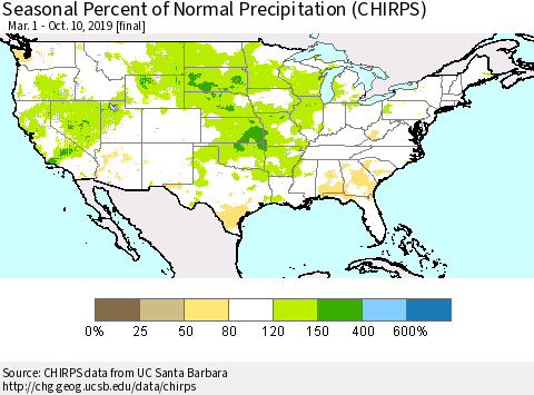 United States Seasonal Percent of Normal Precipitation (CHIRPS) Thematic Map For 3/1/2019 - 10/10/2019