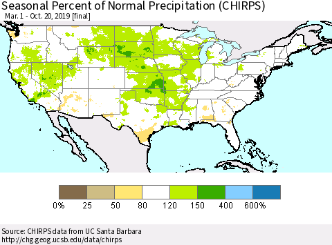 United States Seasonal Percent of Normal Precipitation (CHIRPS) Thematic Map For 3/1/2019 - 10/20/2019