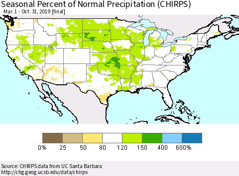 United States Seasonal Percent of Normal Precipitation (CHIRPS) Thematic Map For 3/1/2019 - 10/31/2019