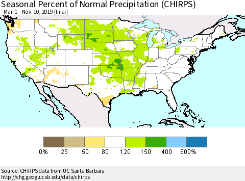 United States Seasonal Percent of Normal Precipitation (CHIRPS) Thematic Map For 3/1/2019 - 11/10/2019