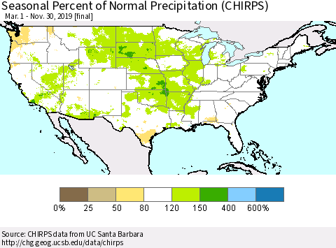 United States Seasonal Percent of Normal Precipitation (CHIRPS) Thematic Map For 3/1/2019 - 11/30/2019