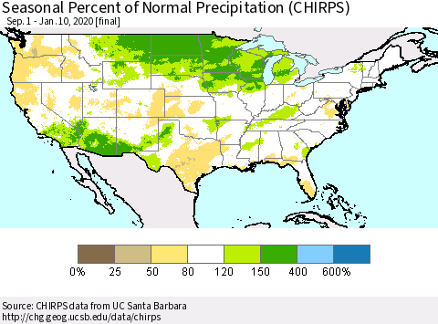 United States Seasonal Percent of Normal Precipitation (CHIRPS) Thematic Map For 9/1/2019 - 1/10/2020