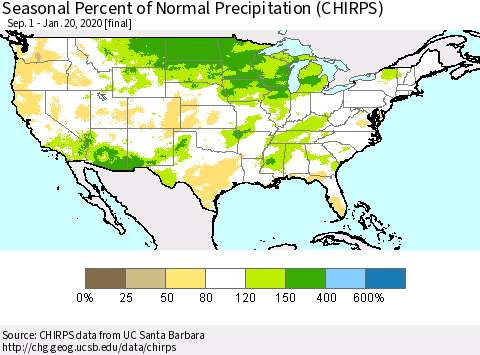 United States Seasonal Percent of Normal Precipitation (CHIRPS) Thematic Map For 9/1/2019 - 1/20/2020