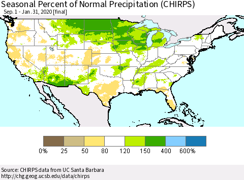 United States Seasonal Percent of Normal Precipitation (CHIRPS) Thematic Map For 9/1/2019 - 1/31/2020