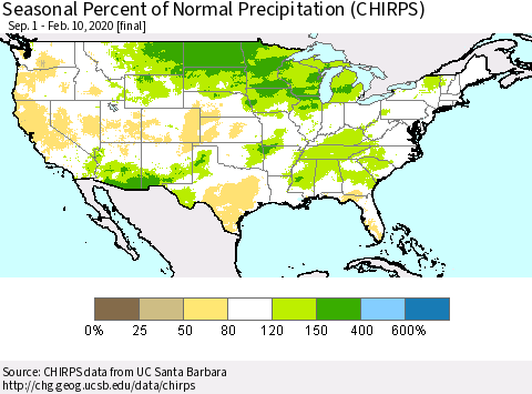 United States Seasonal Percent of Normal Precipitation (CHIRPS) Thematic Map For 9/1/2019 - 2/10/2020
