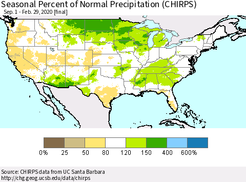 United States Seasonal Percent of Normal Precipitation (CHIRPS) Thematic Map For 9/1/2019 - 2/29/2020