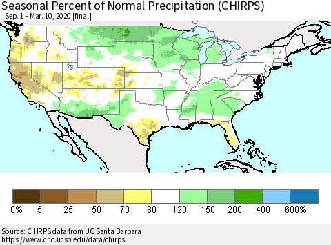 United States Seasonal Percent of Normal Precipitation (CHIRPS) Thematic Map For 9/1/2019 - 3/10/2020