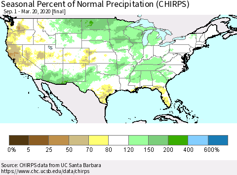 United States Seasonal Percent of Normal Precipitation (CHIRPS) Thematic Map For 9/1/2019 - 3/20/2020