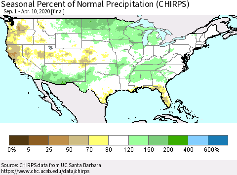 United States Seasonal Percent of Normal Precipitation (CHIRPS) Thematic Map For 9/1/2019 - 4/10/2020