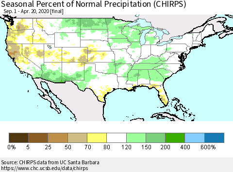 United States Seasonal Percent of Normal Precipitation (CHIRPS) Thematic Map For 9/1/2019 - 4/20/2020