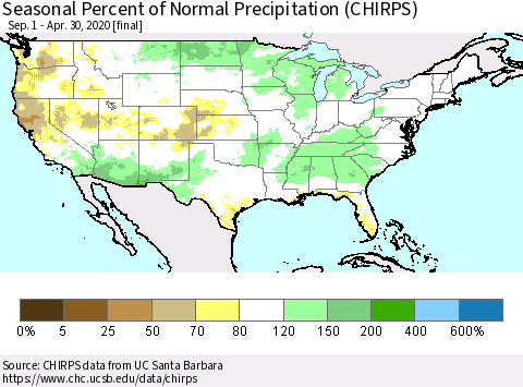 United States Seasonal Percent of Normal Precipitation (CHIRPS) Thematic Map For 9/1/2019 - 4/30/2020