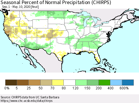 United States Seasonal Percent of Normal Precipitation (CHIRPS) Thematic Map For 9/1/2019 - 5/10/2020