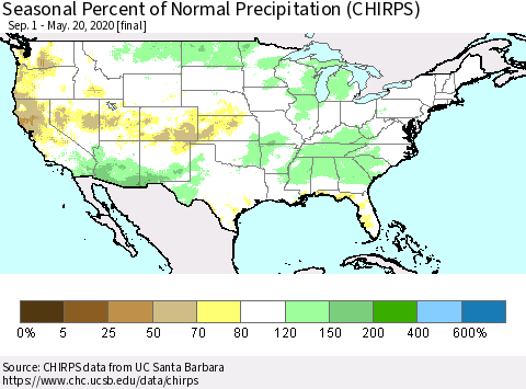 United States Seasonal Percent of Normal Precipitation (CHIRPS) Thematic Map For 9/1/2019 - 5/20/2020