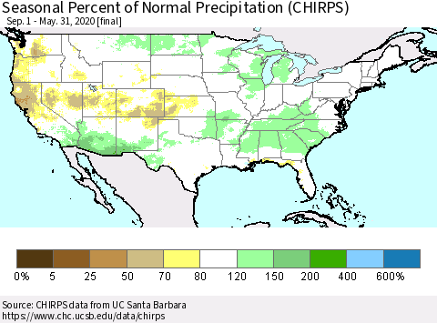 United States Seasonal Percent of Normal Precipitation (CHIRPS) Thematic Map For 9/1/2019 - 5/31/2020