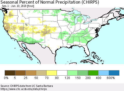 United States Seasonal Percent of Normal Precipitation (CHIRPS) Thematic Map For 9/1/2019 - 6/10/2020