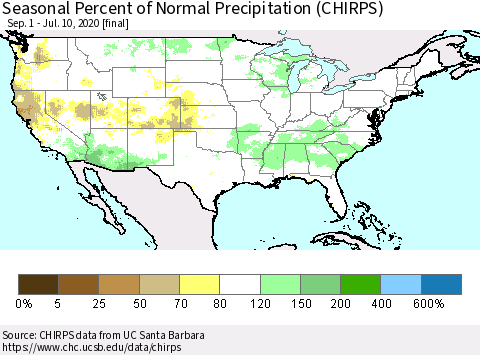 United States Seasonal Percent of Normal Precipitation (CHIRPS) Thematic Map For 9/1/2019 - 7/10/2020