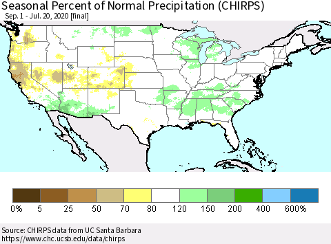 United States Seasonal Percent of Normal Precipitation (CHIRPS) Thematic Map For 9/1/2019 - 7/20/2020