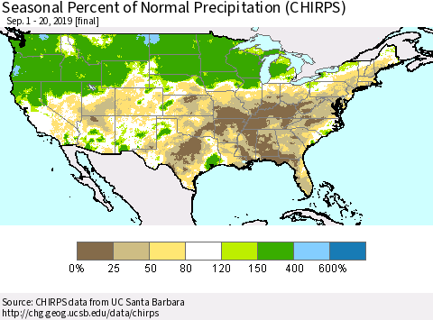 United States Seasonal Percent of Normal Precipitation (CHIRPS) Thematic Map For 9/1/2019 - 9/20/2019