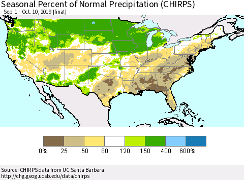 United States Seasonal Percent of Normal Precipitation (CHIRPS) Thematic Map For 9/1/2019 - 10/10/2019