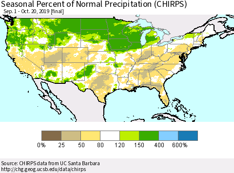 United States Seasonal Percent of Normal Precipitation (CHIRPS) Thematic Map For 9/1/2019 - 10/20/2019