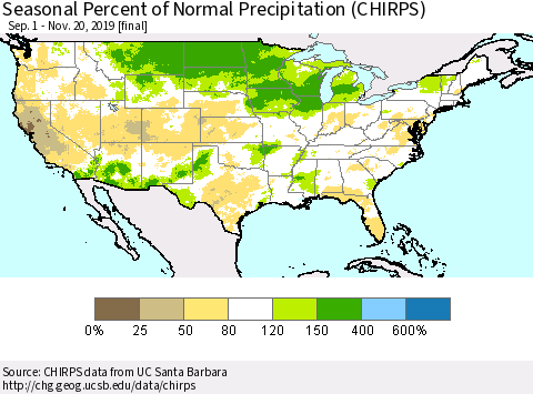 United States Seasonal Percent of Normal Precipitation (CHIRPS) Thematic Map For 9/1/2019 - 11/20/2019