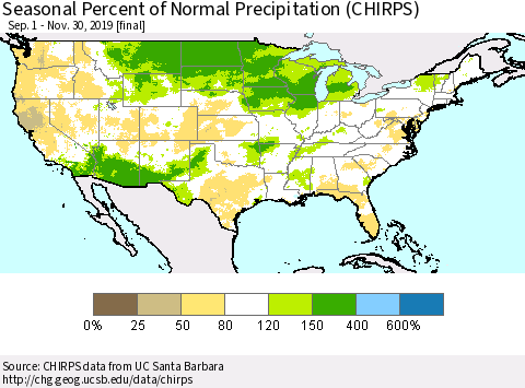 United States Seasonal Percent of Normal Precipitation (CHIRPS) Thematic Map For 9/1/2019 - 11/30/2019