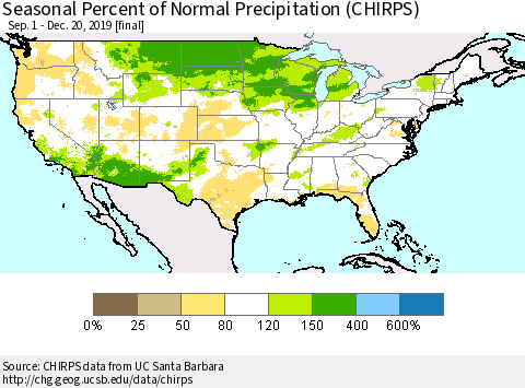 United States Seasonal Percent of Normal Precipitation (CHIRPS) Thematic Map For 9/1/2019 - 12/20/2019