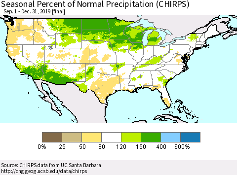 United States Seasonal Percent of Normal Precipitation (CHIRPS) Thematic Map For 9/1/2019 - 12/31/2019