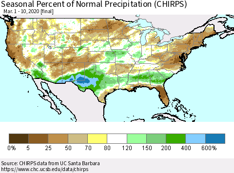 United States Seasonal Percent of Normal Precipitation (CHIRPS) Thematic Map For 3/1/2020 - 3/10/2020