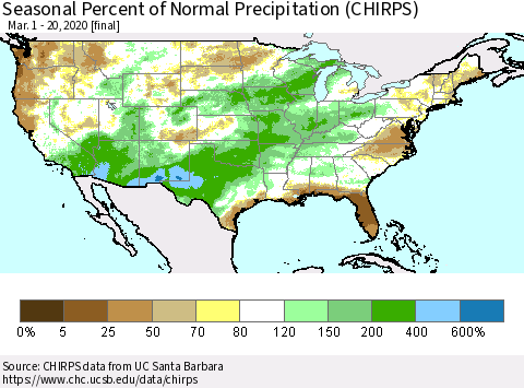 United States Seasonal Percent of Normal Precipitation (CHIRPS) Thematic Map For 3/1/2020 - 3/20/2020