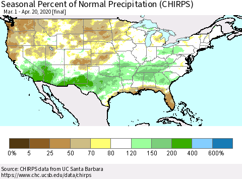 United States Seasonal Percent of Normal Precipitation (CHIRPS) Thematic Map For 3/1/2020 - 4/20/2020