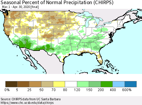 United States Seasonal Percent of Normal Precipitation (CHIRPS) Thematic Map For 3/1/2020 - 4/30/2020