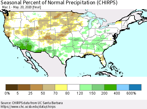 United States Seasonal Percent of Normal Precipitation (CHIRPS) Thematic Map For 3/1/2020 - 5/20/2020