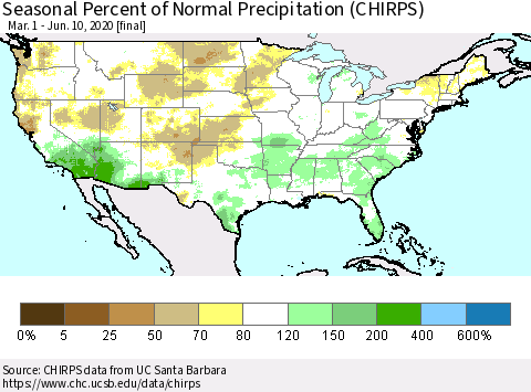 United States Seasonal Percent of Normal Precipitation (CHIRPS) Thematic Map For 3/1/2020 - 6/10/2020