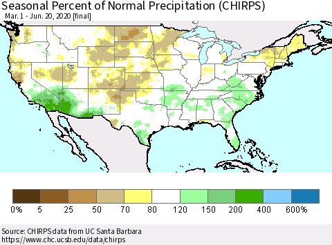 United States Seasonal Percent of Normal Precipitation (CHIRPS) Thematic Map For 3/1/2020 - 6/20/2020