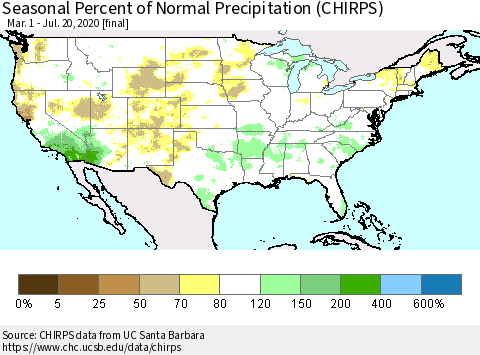 United States Seasonal Percent of Normal Precipitation (CHIRPS) Thematic Map For 3/1/2020 - 7/20/2020