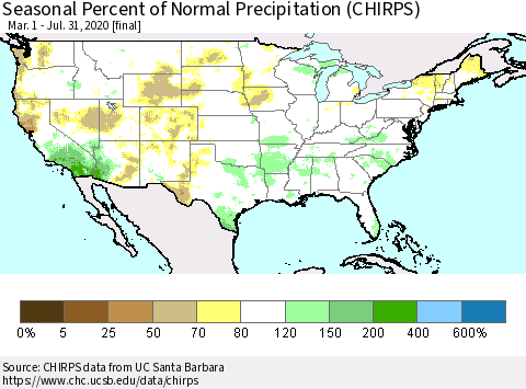 United States Seasonal Percent of Normal Precipitation (CHIRPS) Thematic Map For 3/1/2020 - 7/31/2020