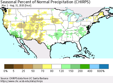 United States Seasonal Percent of Normal Precipitation (CHIRPS) Thematic Map For 3/1/2020 - 8/31/2020