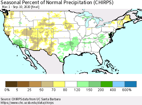 United States Seasonal Percent of Normal Precipitation (CHIRPS) Thematic Map For 3/1/2020 - 9/10/2020