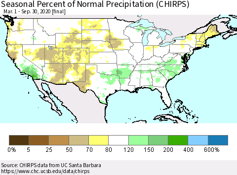 United States Seasonal Percent of Normal Precipitation (CHIRPS) Thematic Map For 3/1/2020 - 9/30/2020
