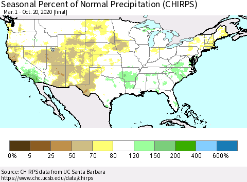 United States Seasonal Percent of Normal Precipitation (CHIRPS) Thematic Map For 3/1/2020 - 10/20/2020